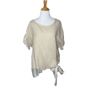 Belle France Beige Linen & Silk Top with Flutter Sleeves and Tie Front Medium